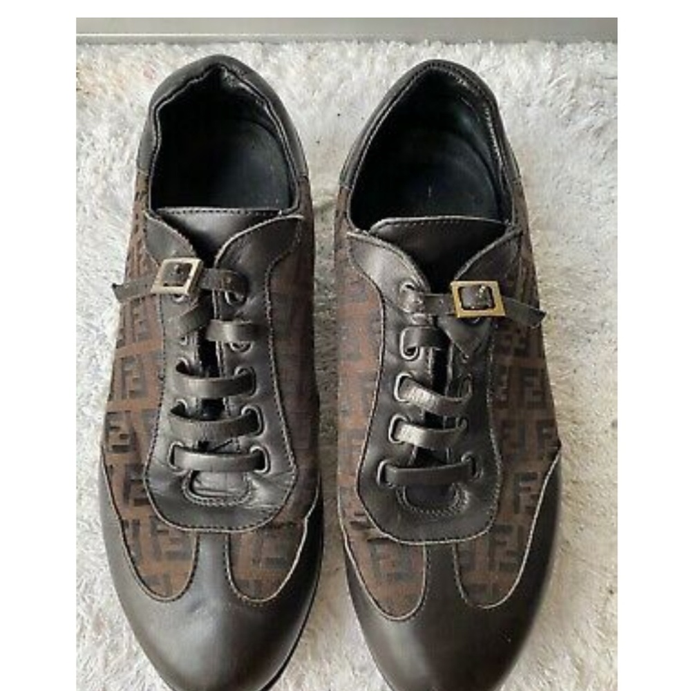 Fendi Canvas and Leather Lace Up Sneakers Size 37.